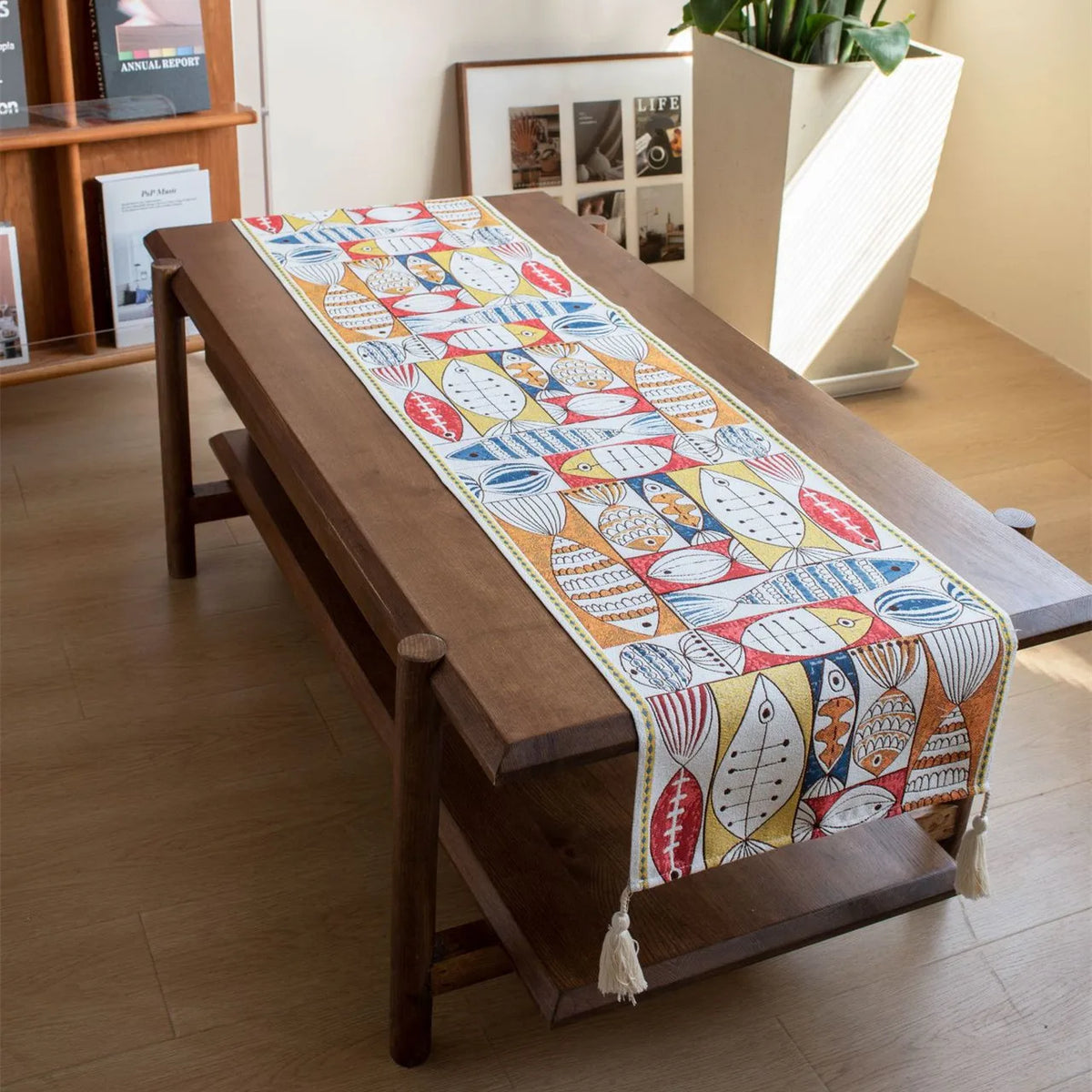chemin table moderne multicolore motif poissons décoratif tassel blanc polyester coton
