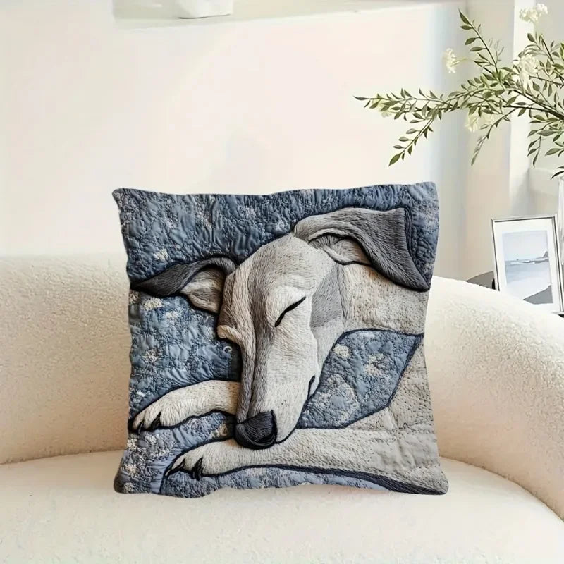 housse coussin motif chien gris beige decoration maison lit polyester peachskin imprimé respectueux environnement