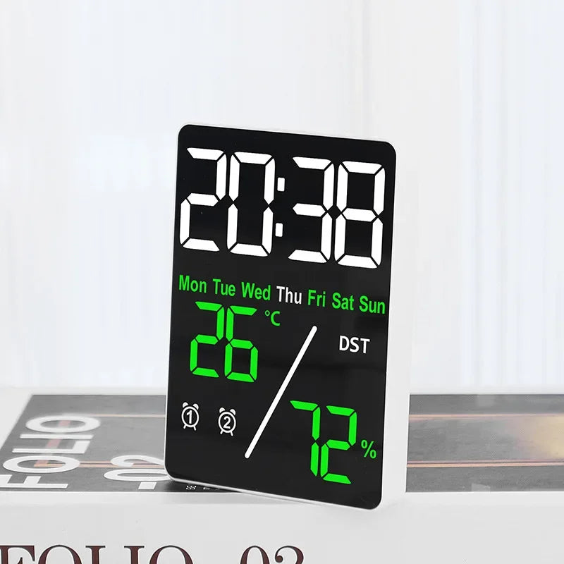 horloge numérique moderne affichage heure jour température humidité alarme rechargeable noir blancécran led