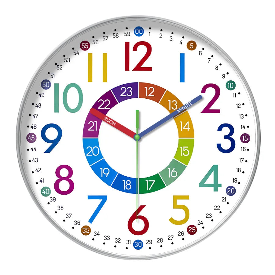 horloge murale moderne enfants chiffres colorés fond blanc cadre argenté silencieuse salon chambre