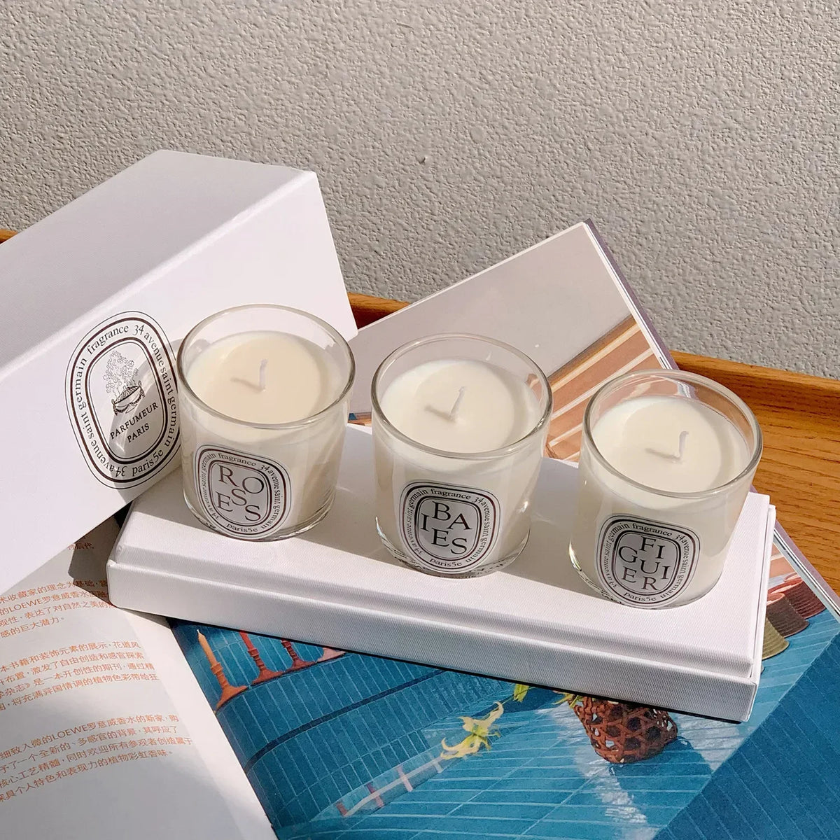 bougies parfumées cire gel aromathérapie forme coupe blanc logo diptyque verre transparent classique set