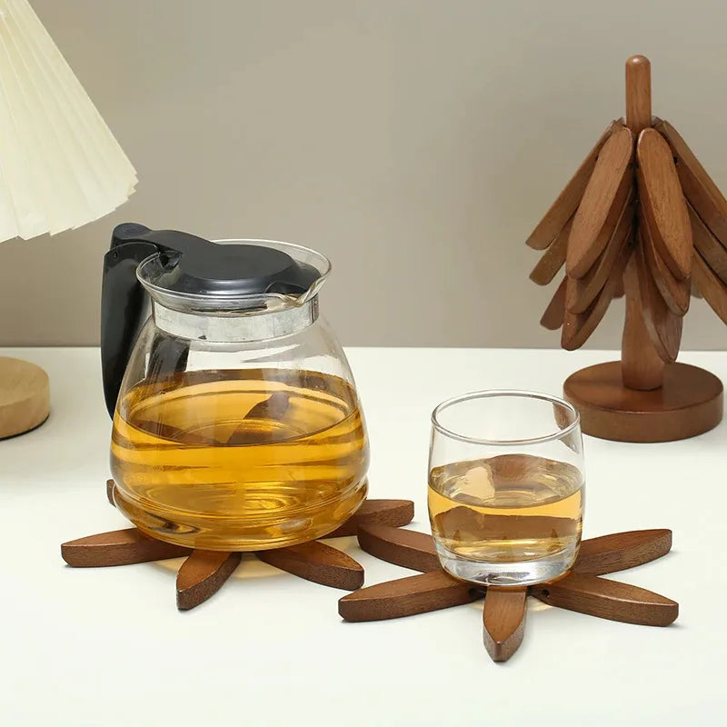 support tasse bois naturel lisse moderne minimaliste tasse théière verre boisson plante artificielle boîte