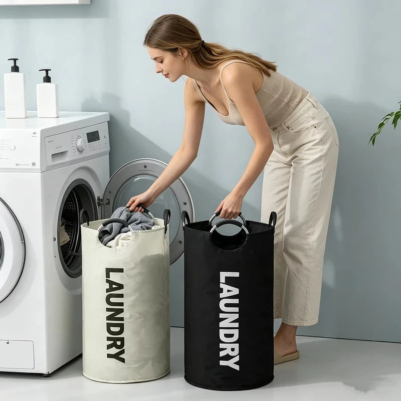 panier linge imperméable oxford beige noir imprimé laundry poignées métalliques empilable moderne pratique
