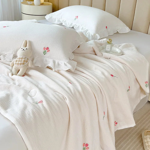 couette coton blanc motif fleurs roses été légère oreiller coussin accessoires