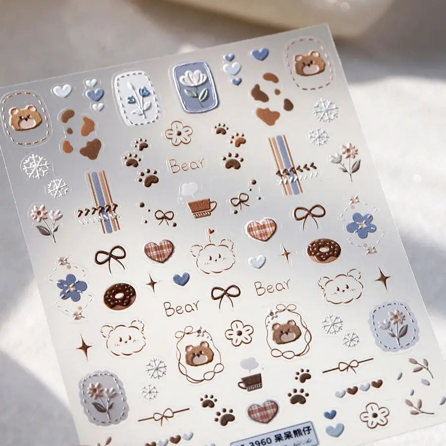 autocollants kawaii ours coeurs flocons motifs floraux mignon manucure décoration diy opaques