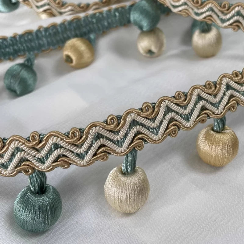 ruban rideau pompons vert doré élégant décoration partie zigzag coton polyester