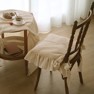 Housse coussin chaise volant coton crème