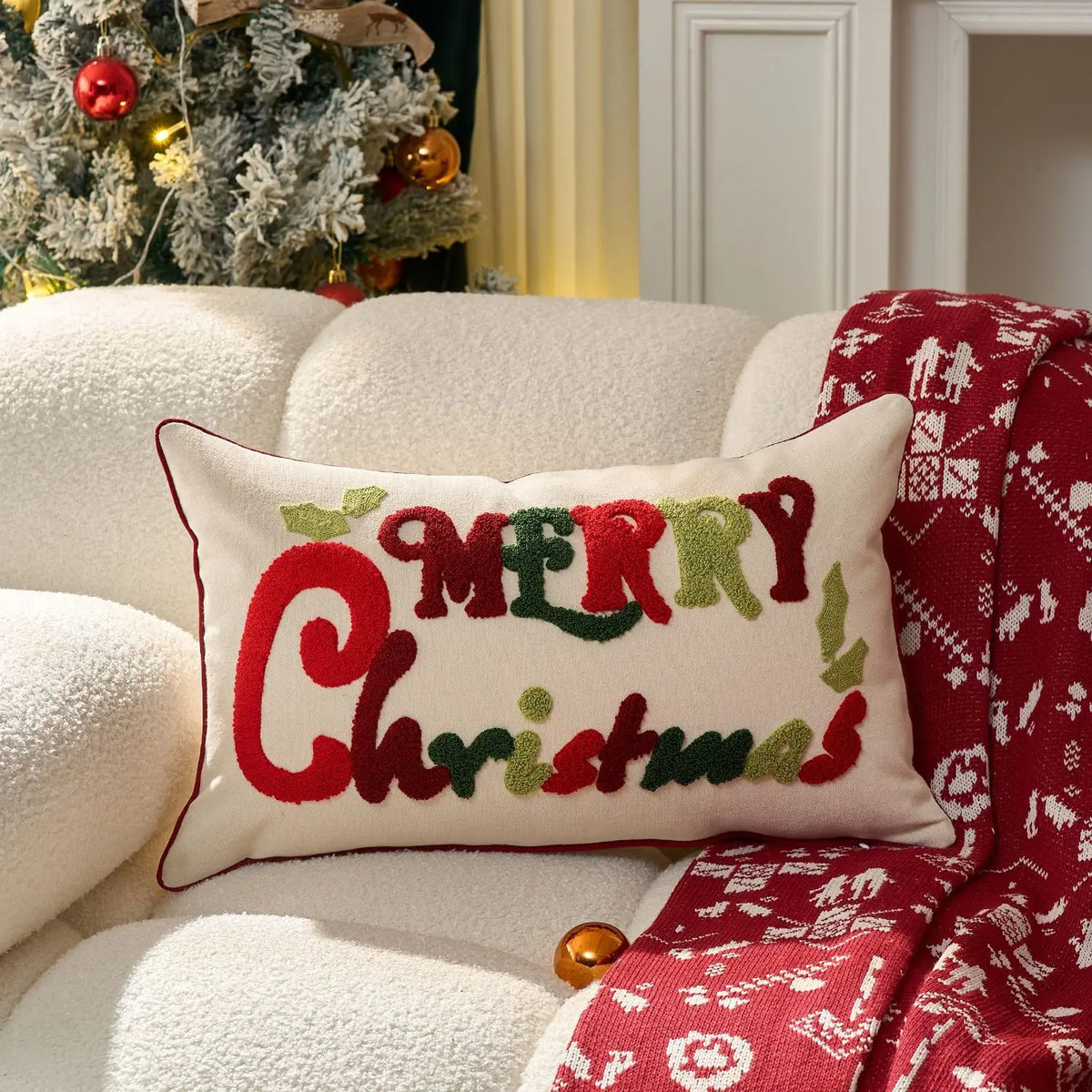 housse coussin noël brodée ho ho ho merry christmas rouge vert polyester coton respectueux
