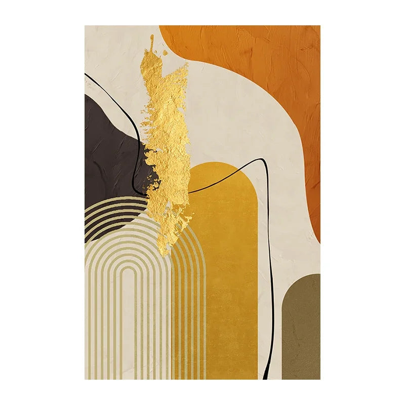 peinture abstraite contemporaine toile géométrique lignes ondulées coups pinceau dorés orange beige noir gris