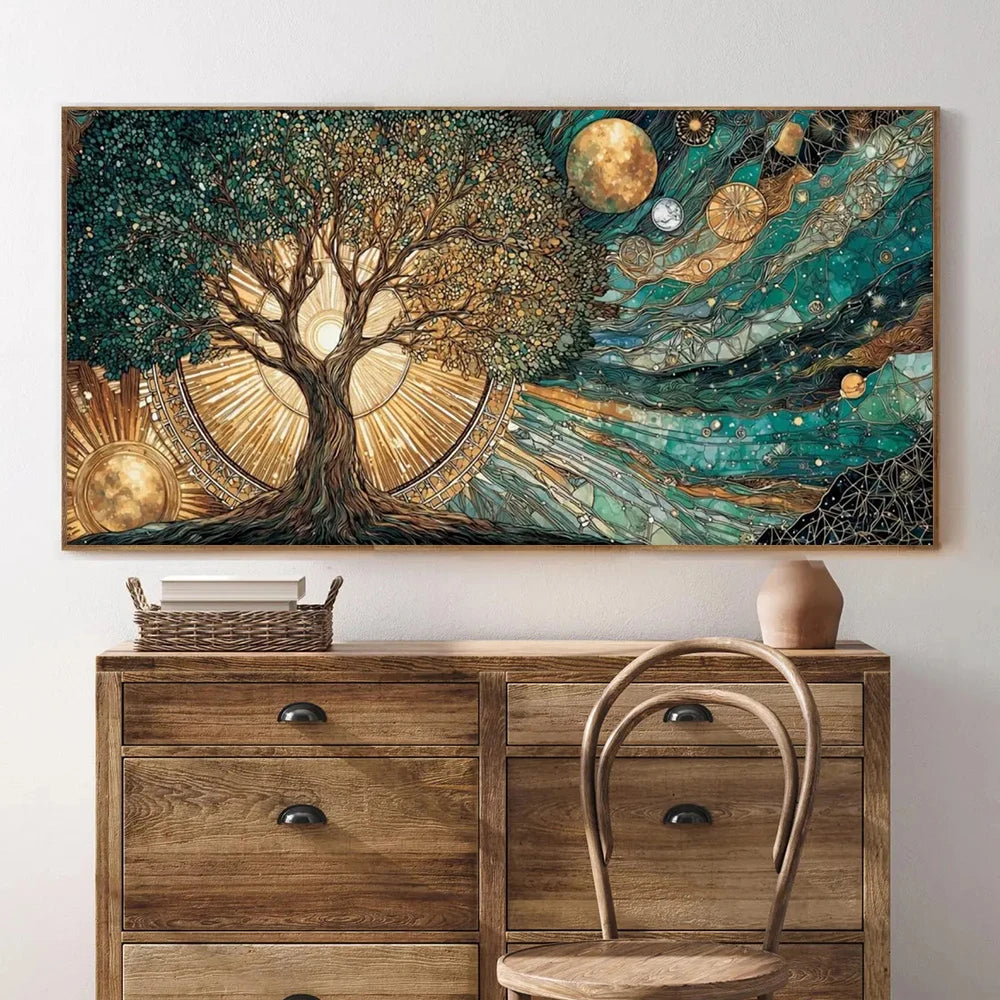 toile d'art abstraite arbre soleil lune contemporaine verte dorée noire blanche fond texturé salon