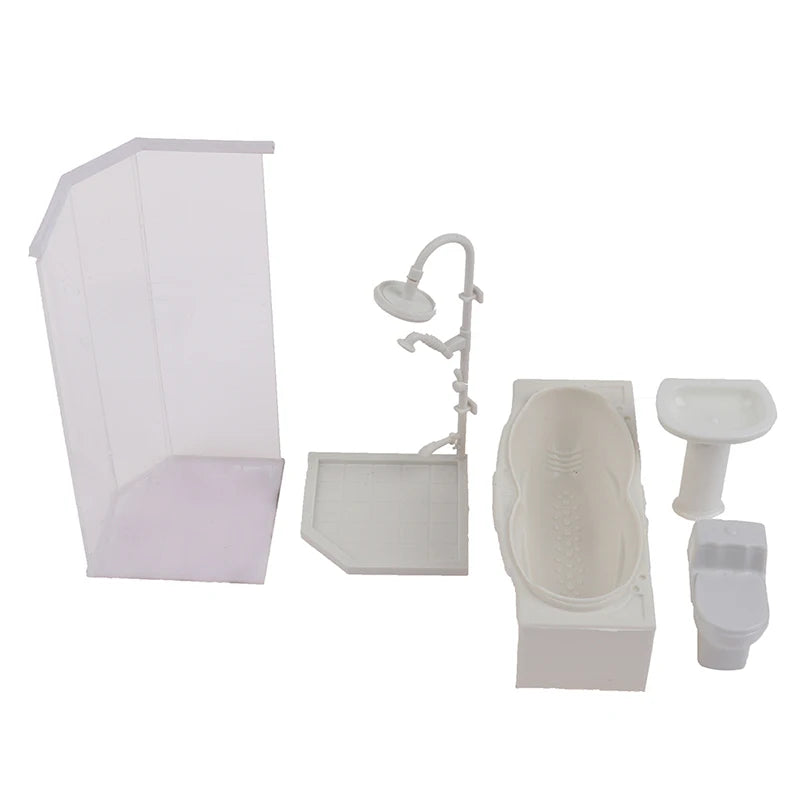 accessoires deco maison poupée ensemble salle bain douche baignoire evier wc resine blanc moderne