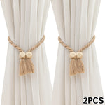 rideau polonais moderne ruban fenêtre tissé corde pompons bois beige clair 70cm