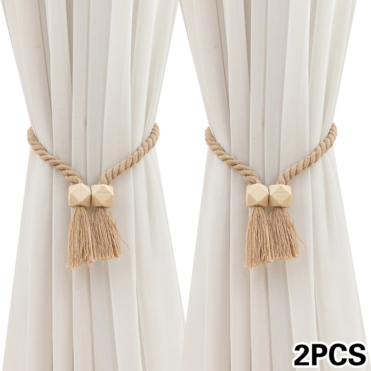 rideau polonais moderne ruban fenêtre tissé corde pompons bois beige clair 70cm