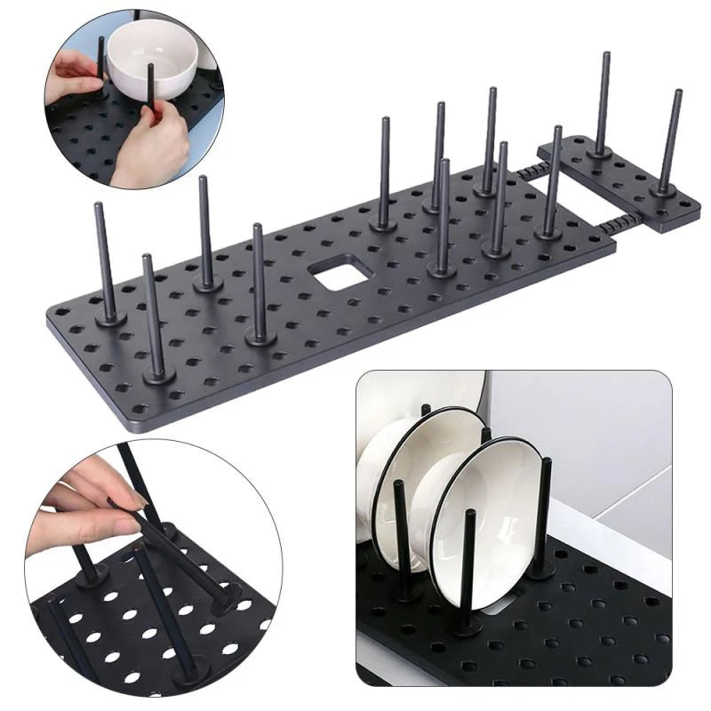 support vaisselle extensible noir perforé moderne clips assiettes bols verres rangement cuisine ajustable