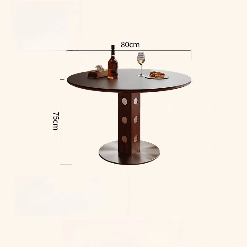 table ronde bois moderne 80cm diamètre 75cm hauteur marron points blancs pied centralisée
