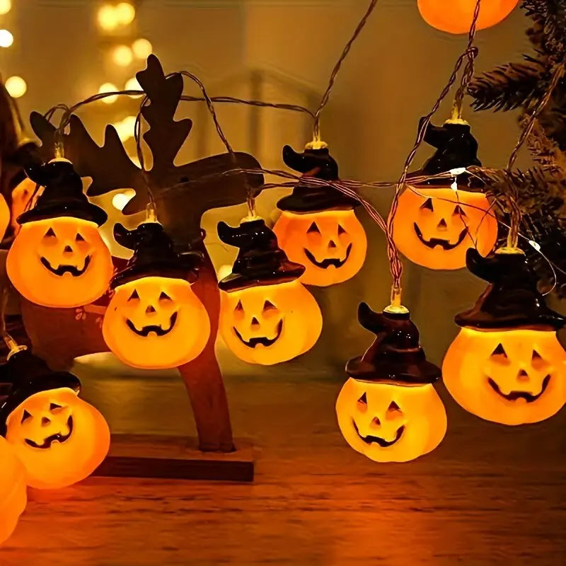 guirlande lumineuse halloween citrouilles souriant chapeaux noirs orange led piles chambre salon