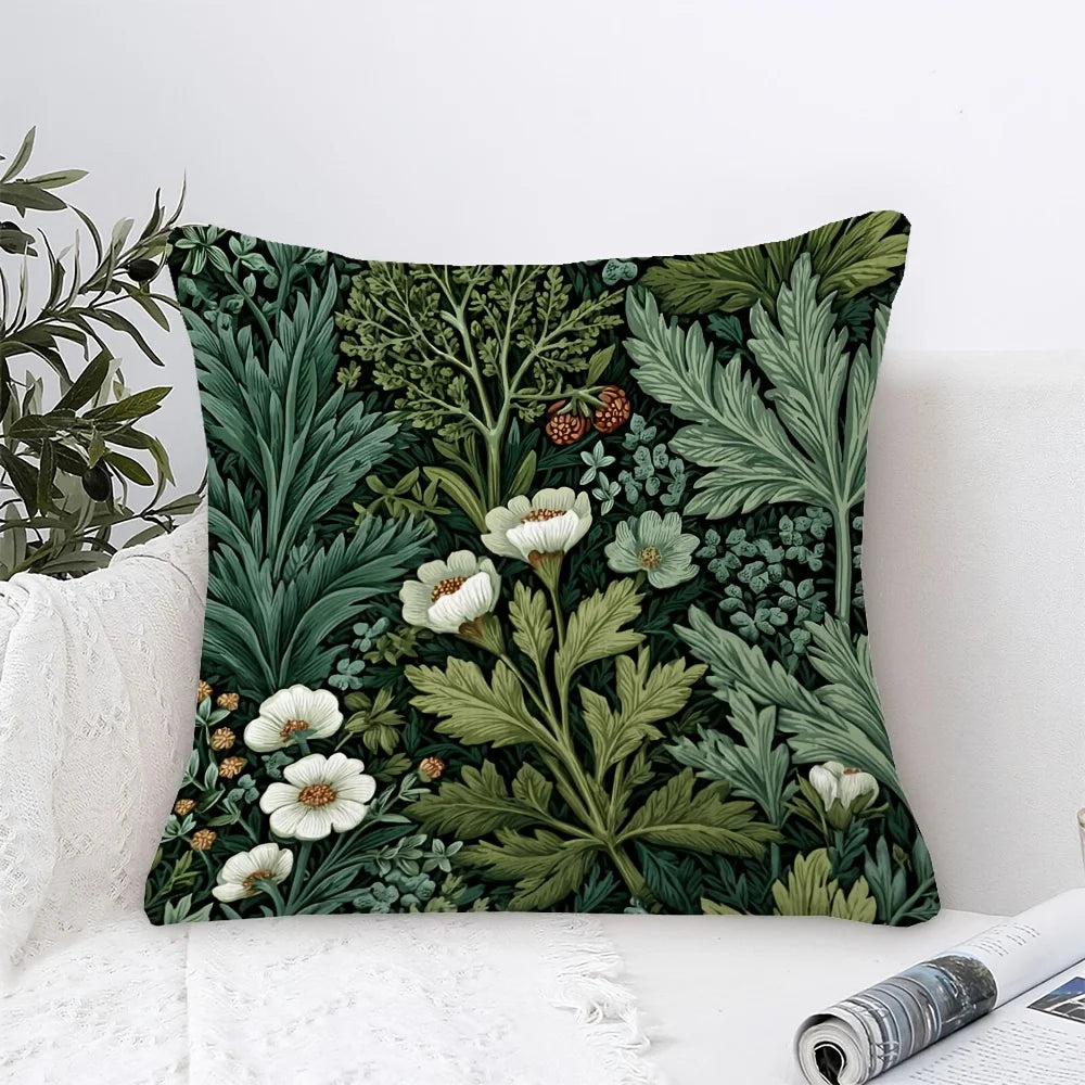 taies d'oreiller décoratives imprimées floral motifs fleurs oiseaux polyester vert clair blanc zip 45x45cm