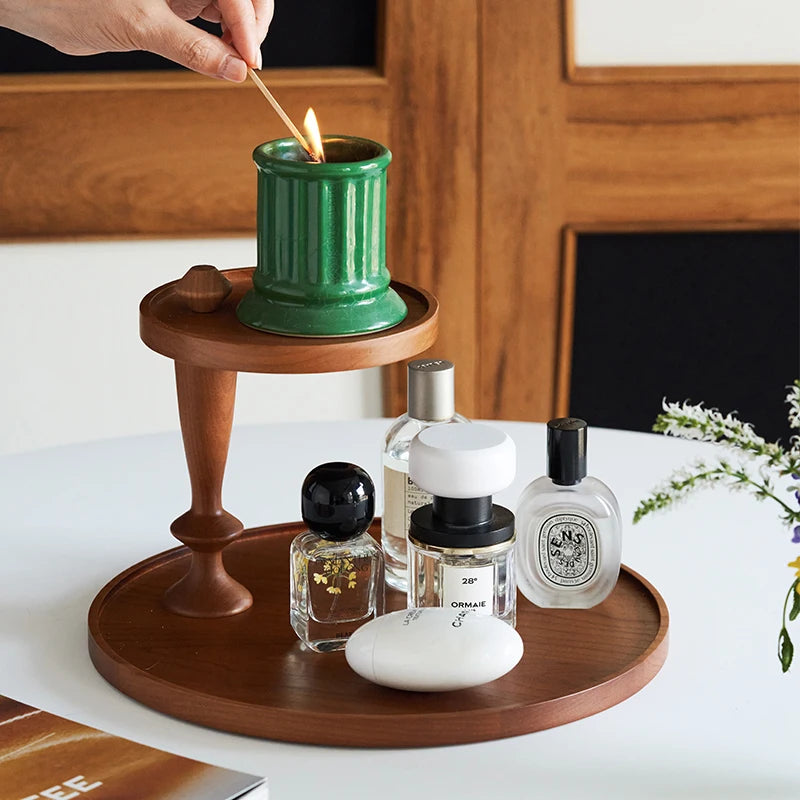 support deux niveaux bois marron clair lisse moderne rangement flacons parfum tasses bougies soucoupes