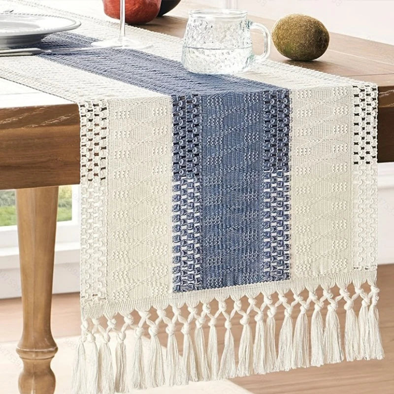 tableau lin chemin table géométrique franges rustique bohème beige blanc