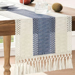 tableau lin chemin table géométrique franges rustique bohème beige blanc