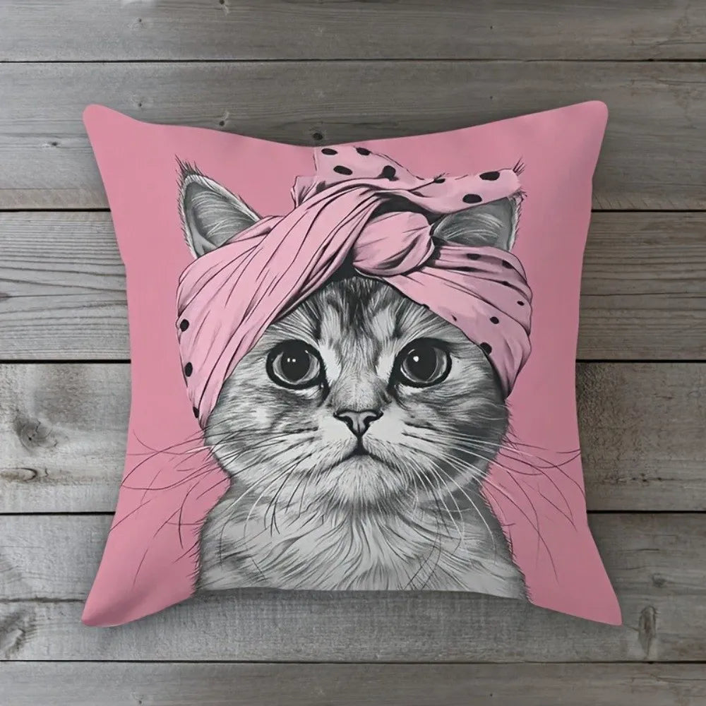 housse coussin polyester chat imprimé gris orange moderne salon chambre lit 45cm 45cm