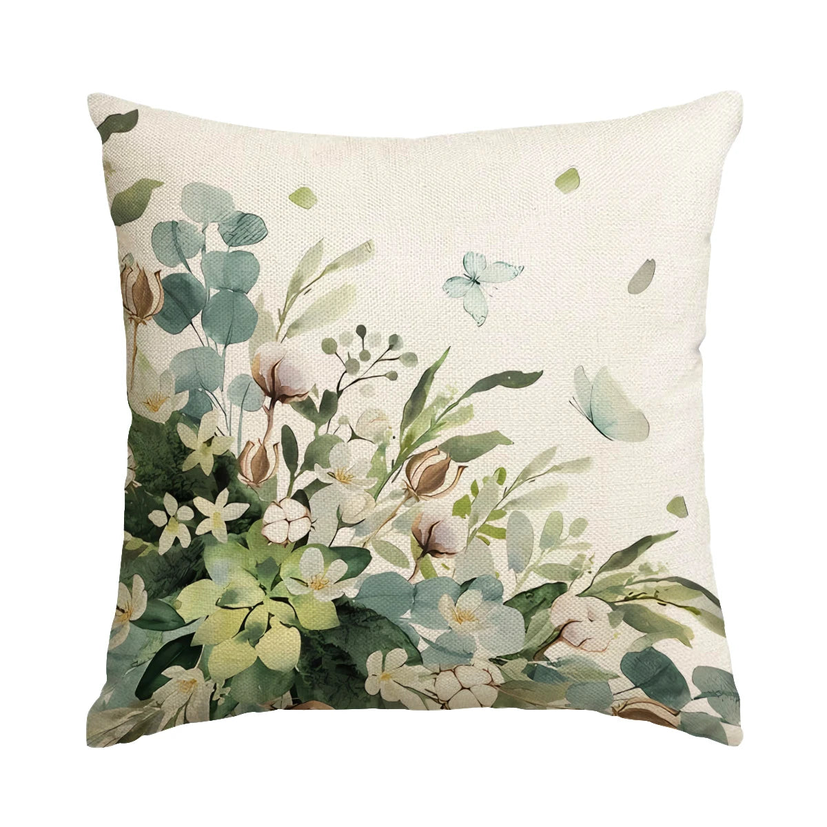 housse coussin carré motif floral vert clair beige rustique polyester lavable glissière invisible 45cm