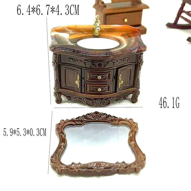 meubles miniatures salle bain lavabo miroir decoratif noir jaune blanc classique enfants jouets