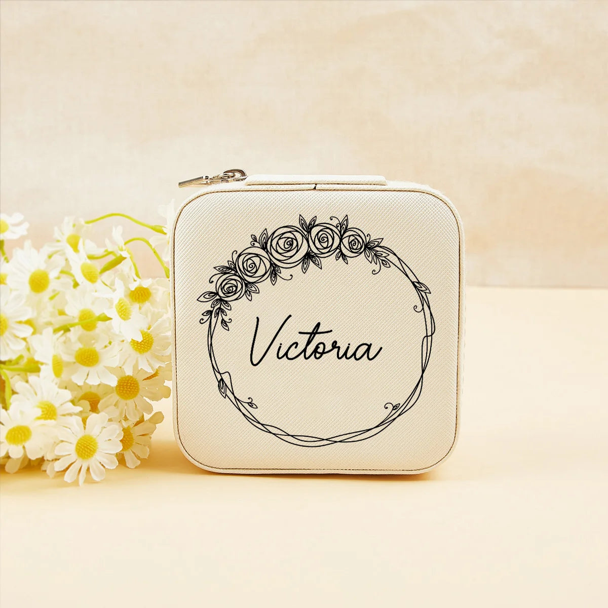 boîte bijoux personnalisation fleurs blanc rose vert moderne élégant zip 10x10cm