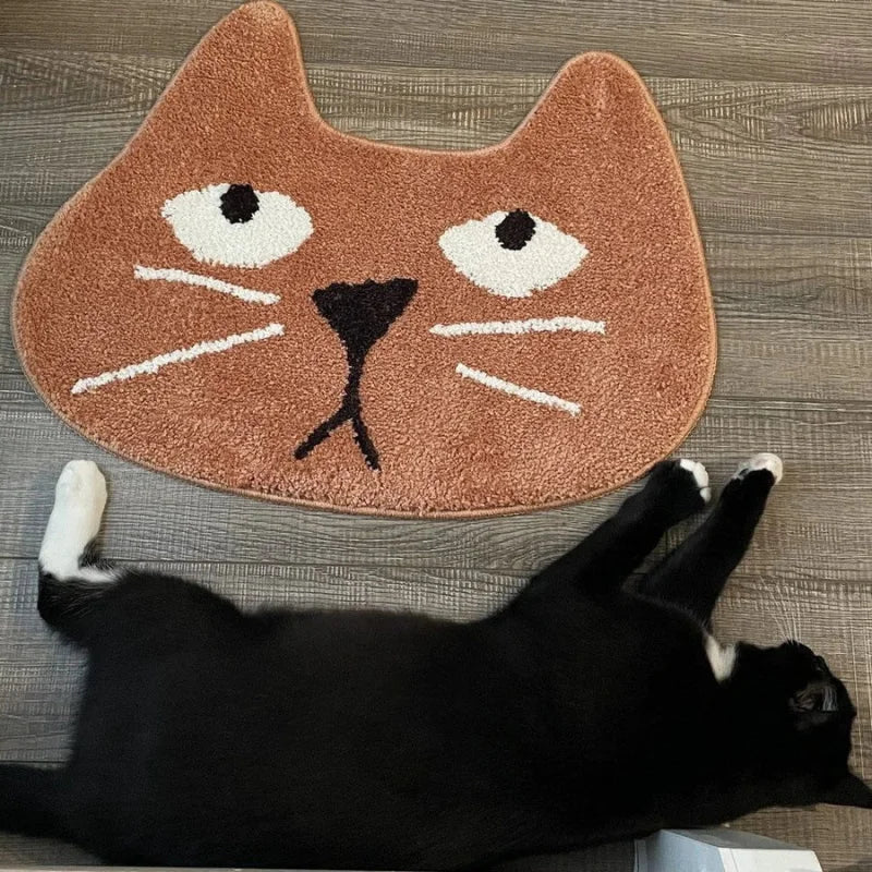 tapis sol antidérapant imperméable polyester motif chat visage orange marron vert moderne salle bain