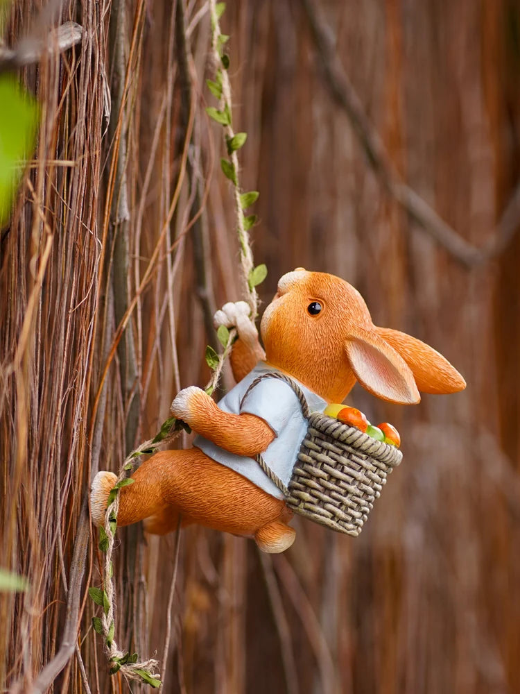 figurine lapin résine orange blanc peluche panier pommes décoration intérieure extérieure balcon jardin