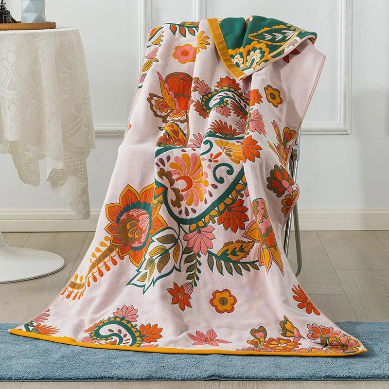 serviette bain coton fleur motif floral séchage rapide absorption eau oriental traditionnel vert beige