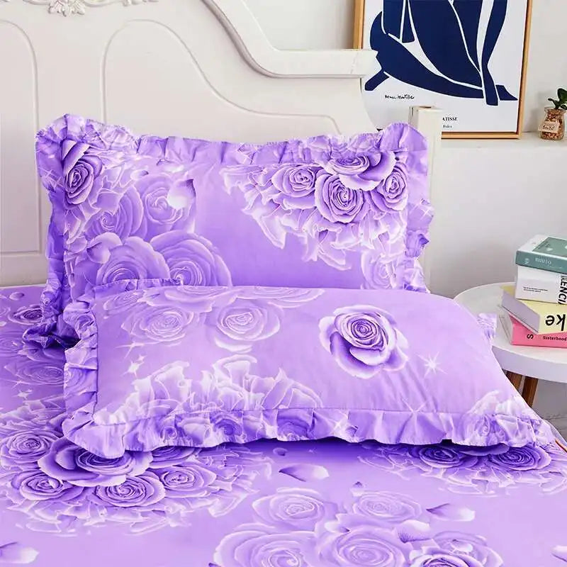 ensemble deux taies d'oreiller bleu fleurs blanches romantique lit double coton polyester