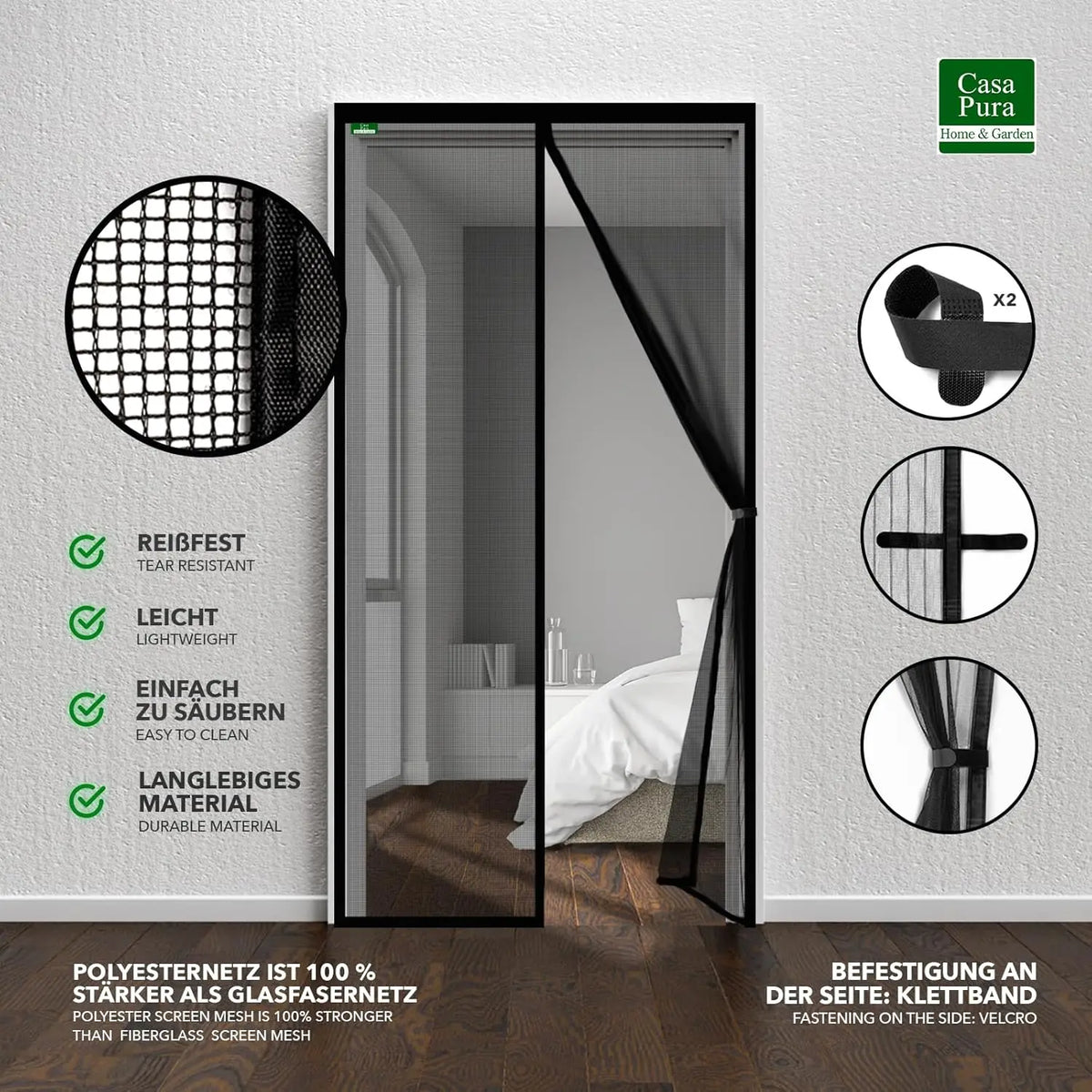 rideau moustiquaire gris noir velcro porte protection insectes sans perçage moderne