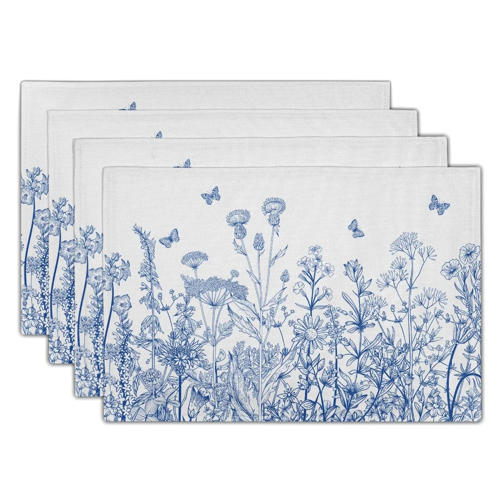 serviettes table lin blanc bleu fleuri classique vintage respectueux environnement opaques