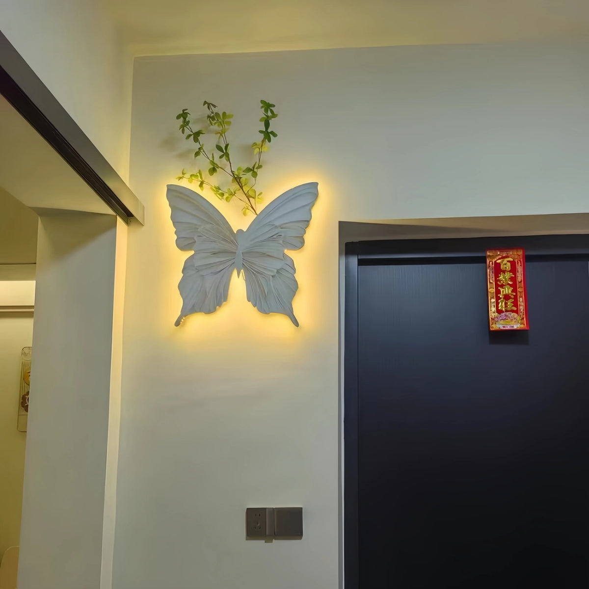 applique murale moderne papillon blanc feuilles vertes éclairage led chambre salon déco nordique