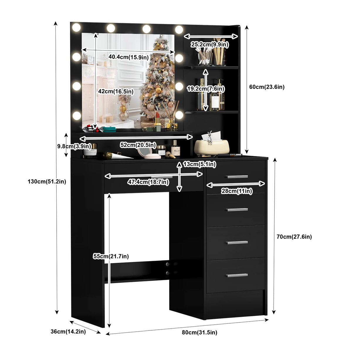 meuble coiffeuse miroir led éclairage réglable noir blanc rose beige