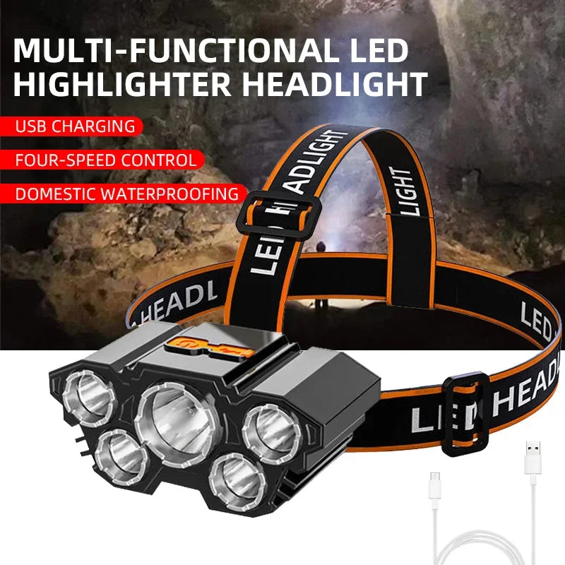 lampe frontale led rechargeable noire bandes orange gris camping aventure pêche torchon adjustable élastique