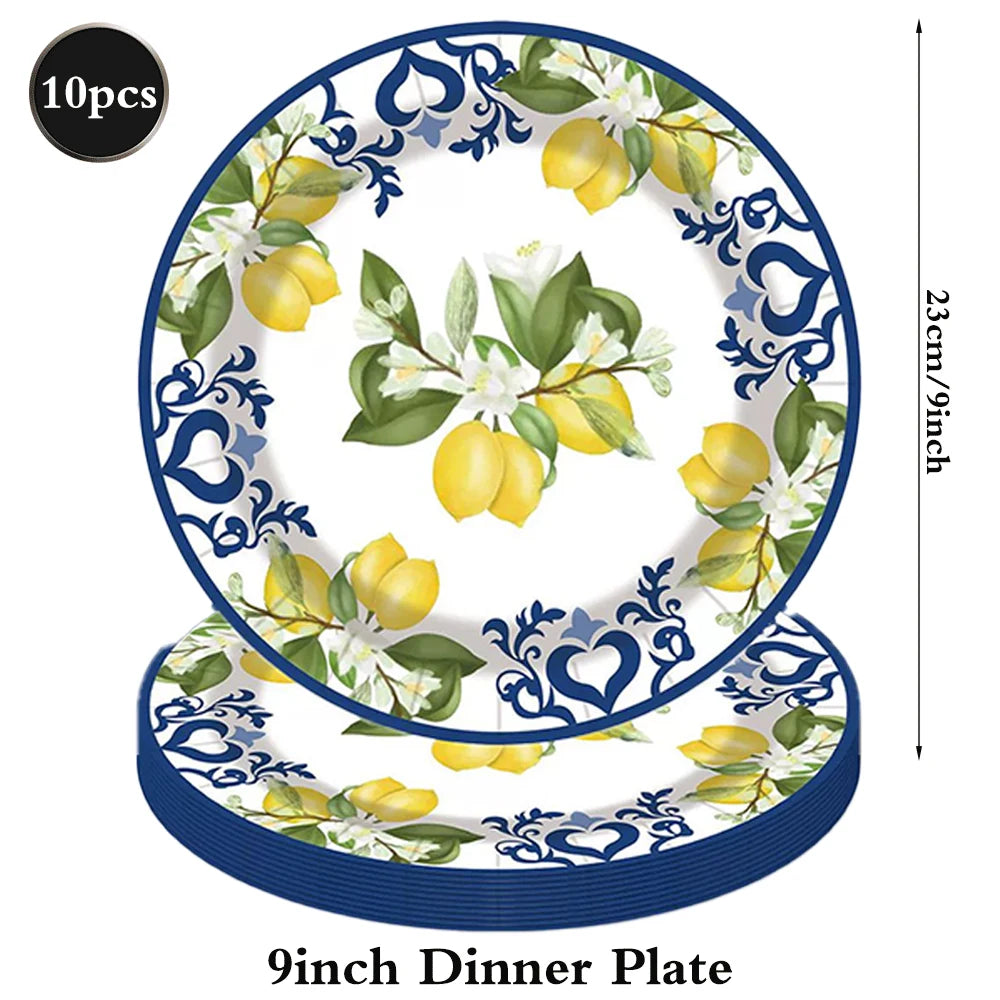 vaisselle jetable assiettes gobelets serviettes motif floral citron anniversaire mariage festive