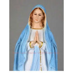 statue religieuse vierge marie résine blanc bleu clair doré croix fleurs base