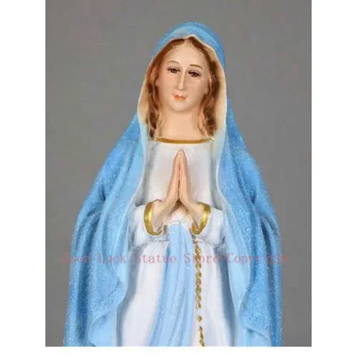statue religieuse vierge marie résine blanc bleu clair doré croix fleurs base