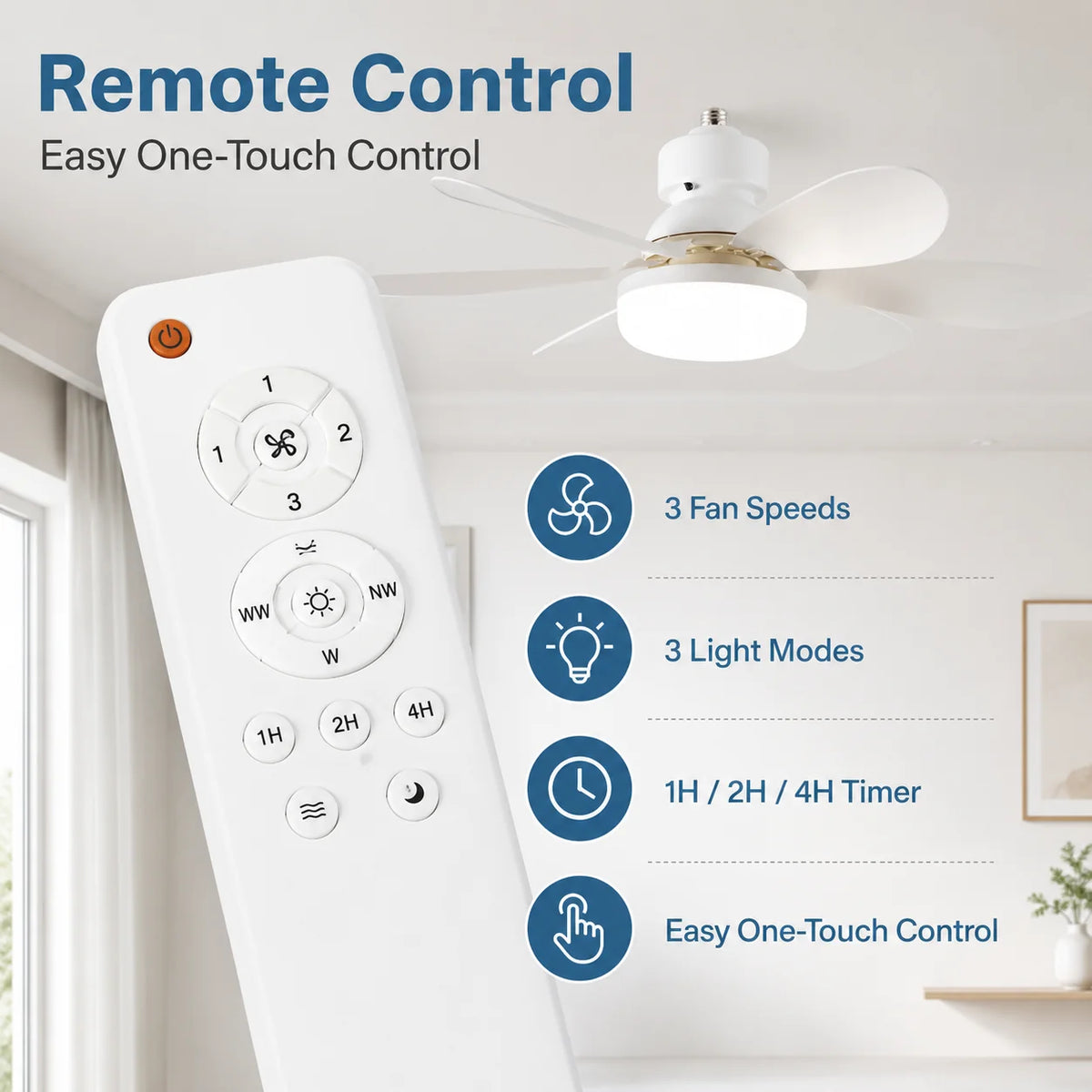 ventilateur lumière led 30w télécommande blanc moderne minimaliste contemporain fonctionnel