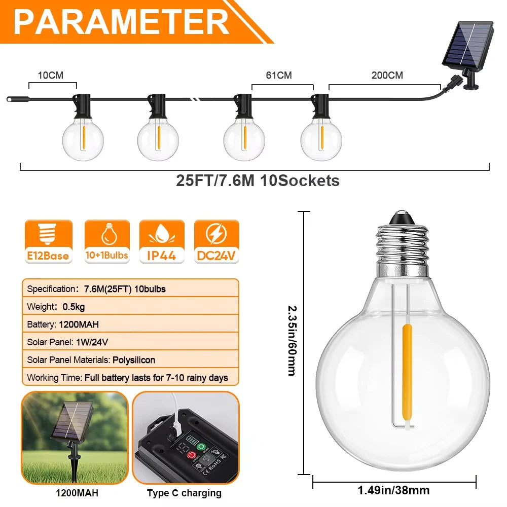 guirlande lumineuse solaire filaments apparents 15m 25 ampoules edison suspendue extérieure
