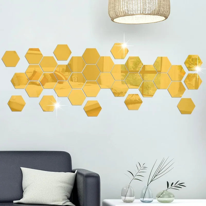 miroirs hexagonaux dorés modernes adhésifs 36 pièces brillants réfléchissants opaque chambre salon