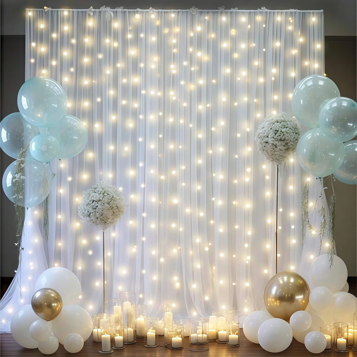 rideaux tulle plissé guirlande lumineuse ballons mariage anniversaire décoration événement festive romantique