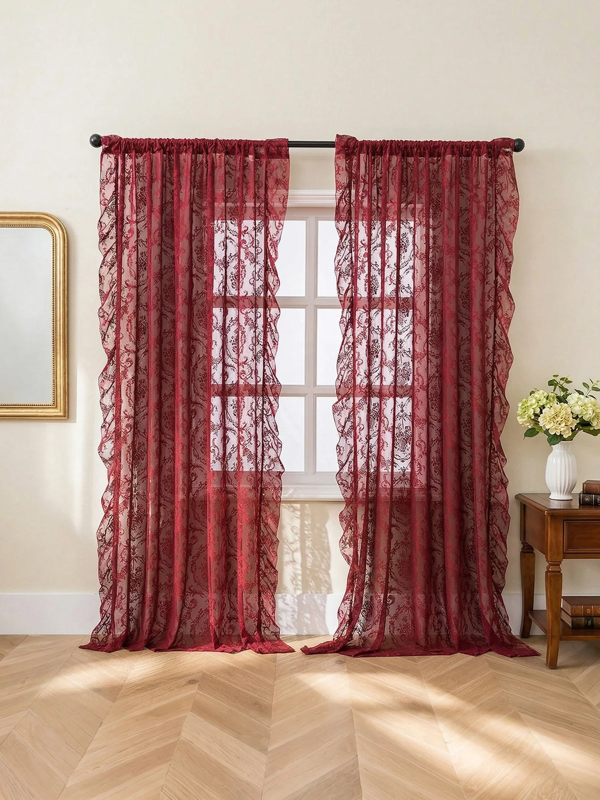 rideau classique broderie florale rouge bordeaux semi transparent décoratives 140x160cm 140x200cm 140x260cm