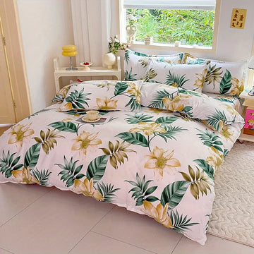 housse couette ensemble 60 pièces microfibre polyester motifs floraux blanc vert jaune rouge moderne