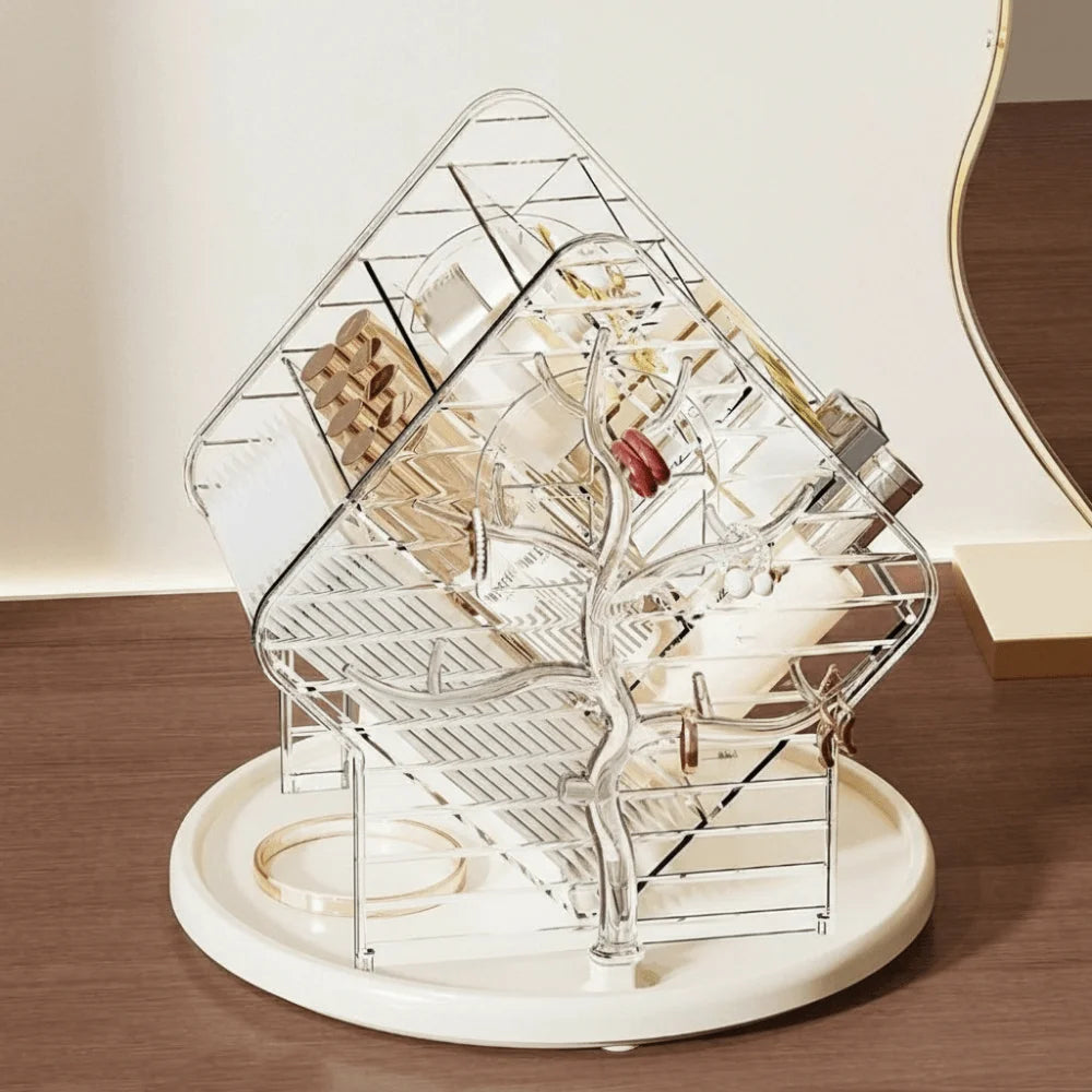 organisateur maquillage rotatif transparent doré arbre stylisé modernes pinceaux bijoux ombres paupières blush rouge