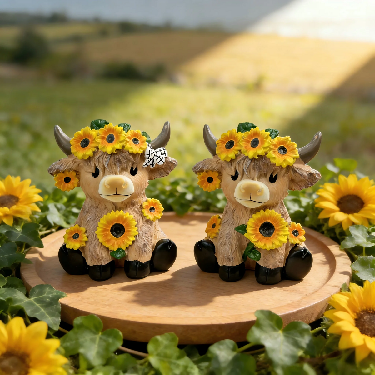 statuette vache highland résine fleurs tournesol couronne tissu carreaux décoration rustique mignonne pastorale chambre
