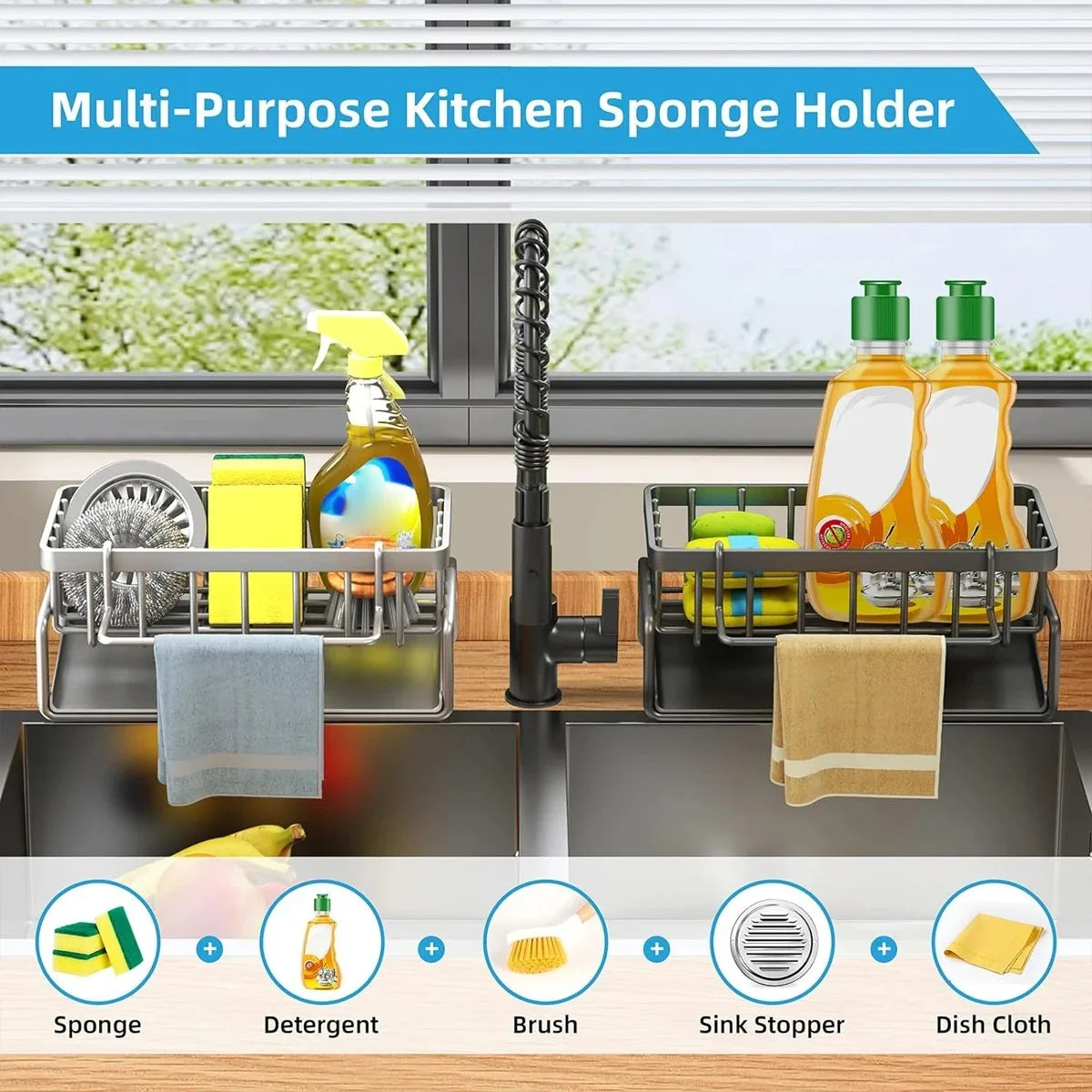 rangement cuisine éponge vaisselle brosse serviettes moderne acier inoxydable noir multifonctionnel pratique