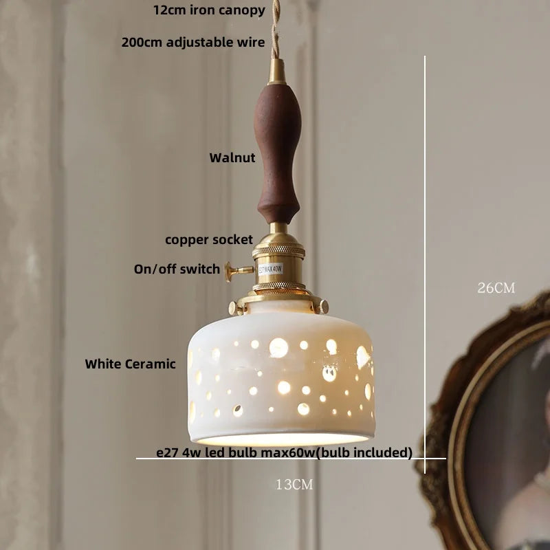 lampe suspendue led blanc doré noyer perforations vintage rustique ampoule e27